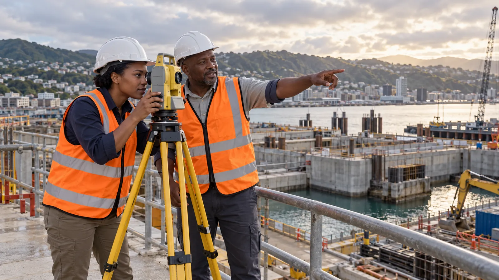 Two engineers in hard hats use surveying equipment at a harbour-side construction site in New Zealand.