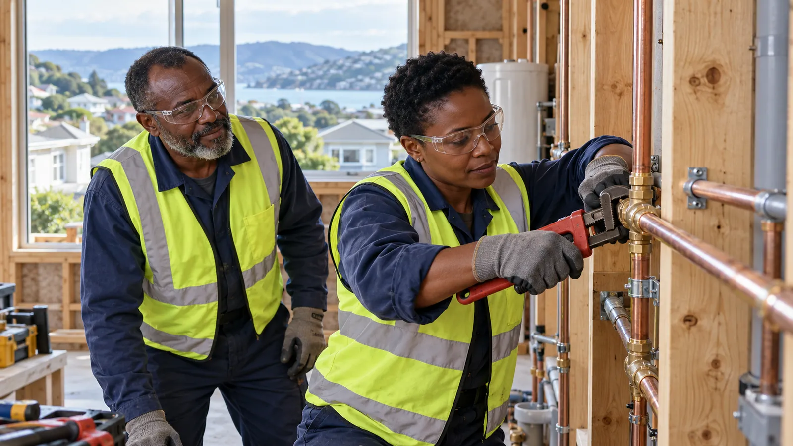 A woman plumber tightens copper pipe fittings while a male colleague watches inside a New Zealand home under construction.