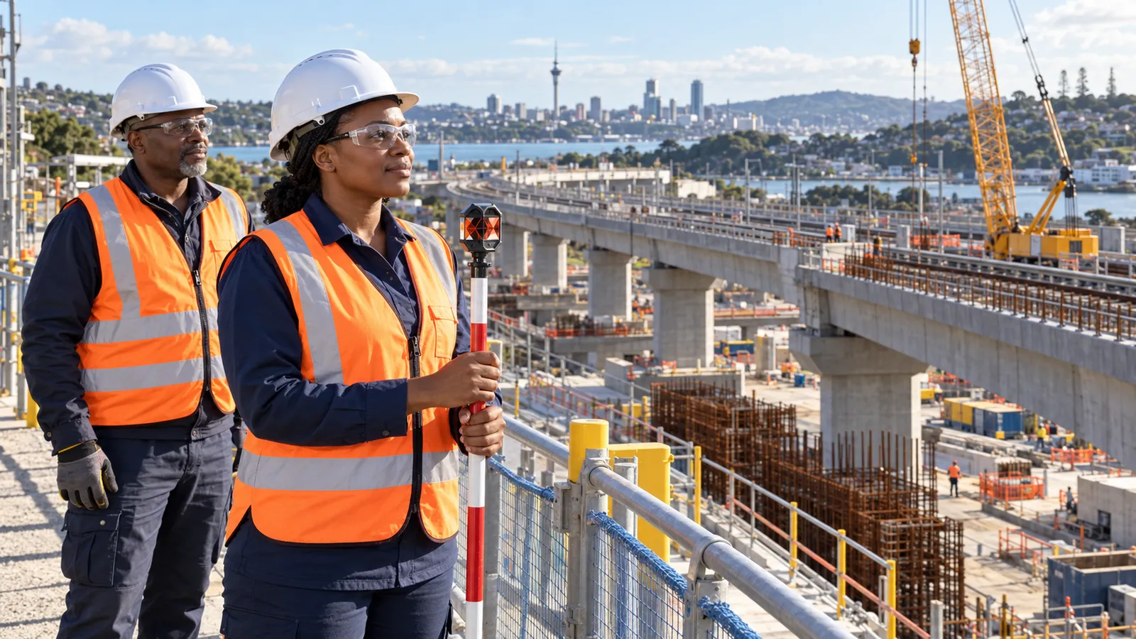 Two Tanzanian professionals in safety gear survey a large construction site overlooking Auckland’s skyline.