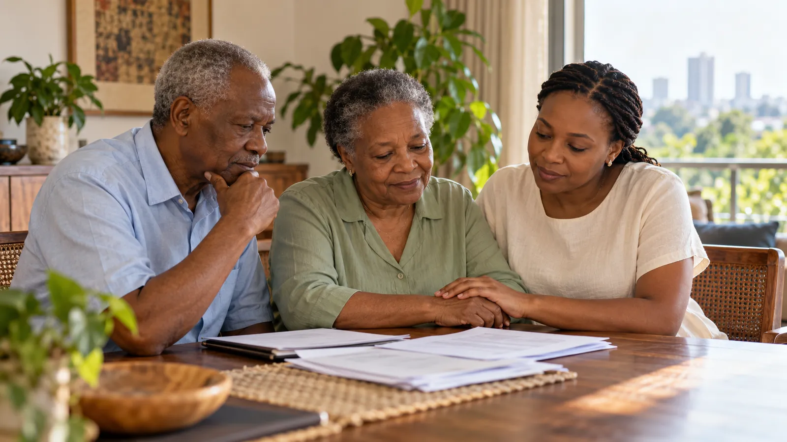 A Tanzanian daughter comforts her elderly mother as the family reviews paperwork together at a sunlit dining table.