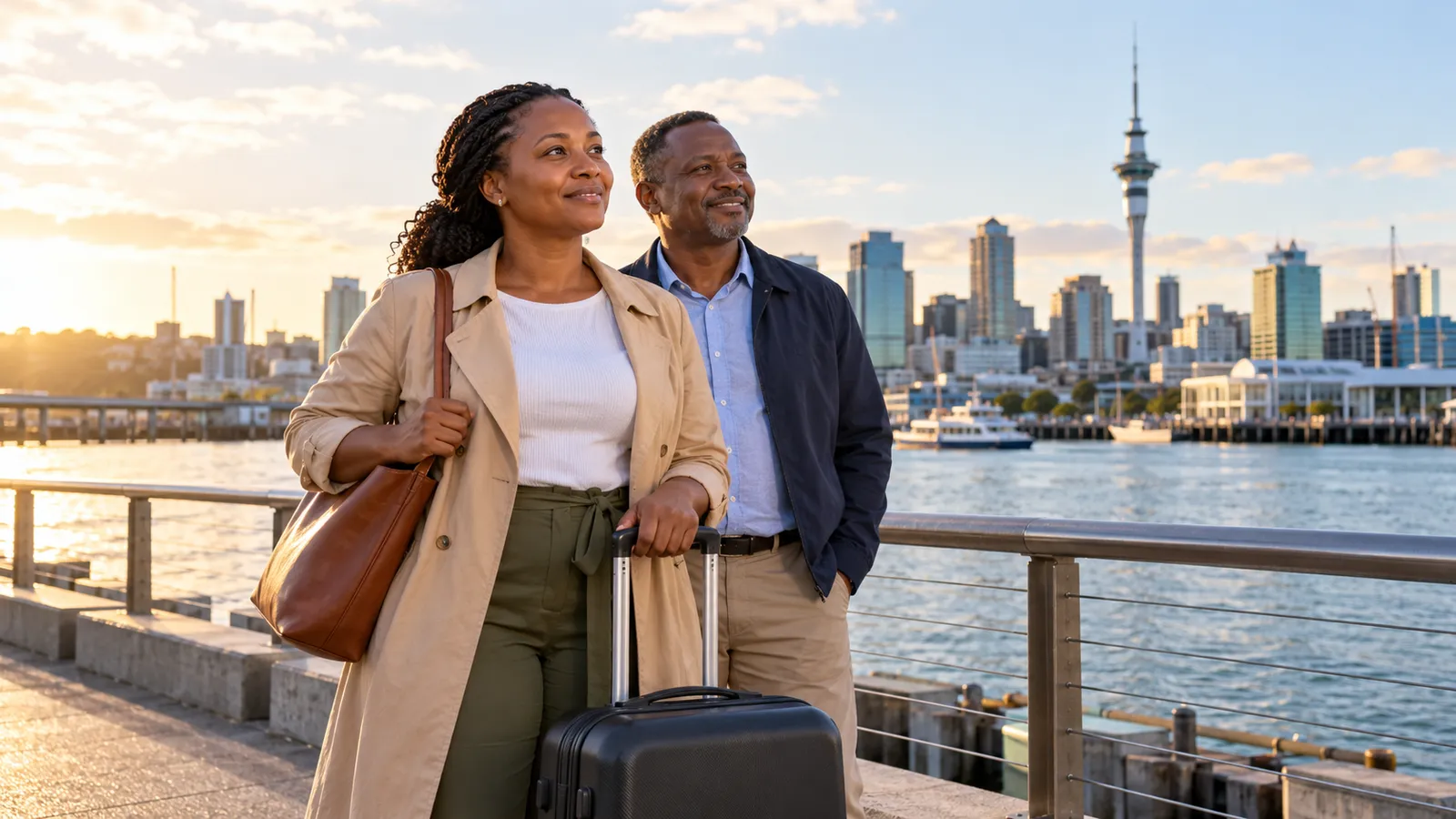 A Tanzanian woman and man stand with a suitcase on Auckland’s waterfront, with the Sky Tower behind them.