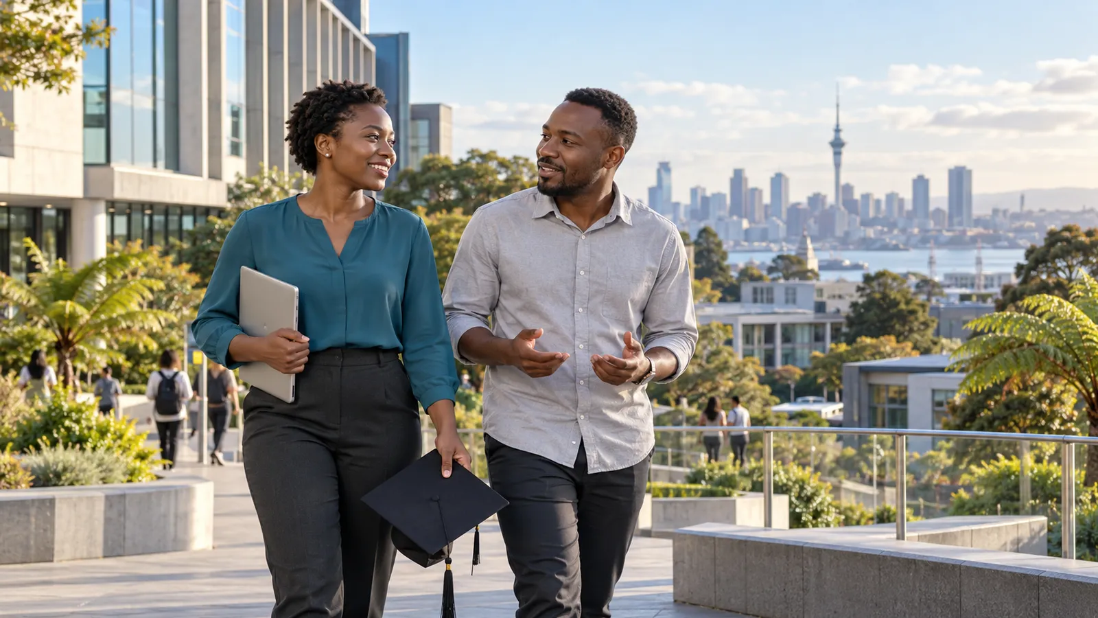 Two Tanzanian graduates chat on a sunny campus terrace overlooking Auckland, with a laptop and graduation cap.