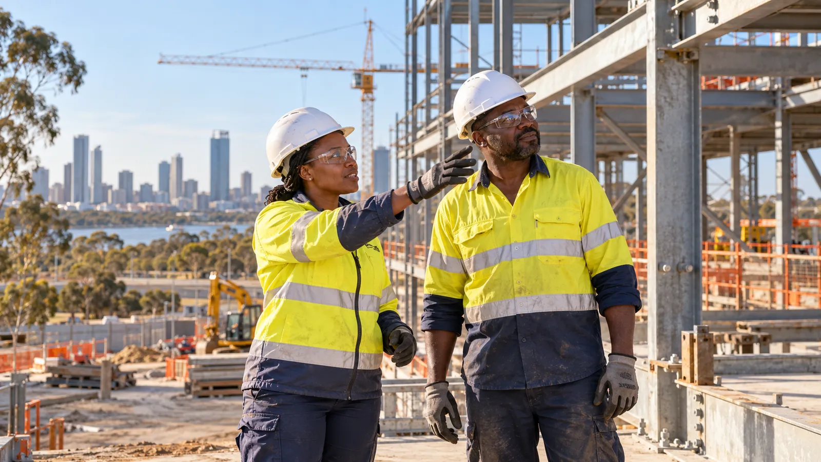 Two workers in hard hats and high-visibility clothing inspect a sunlit construction site beside a city skyline.