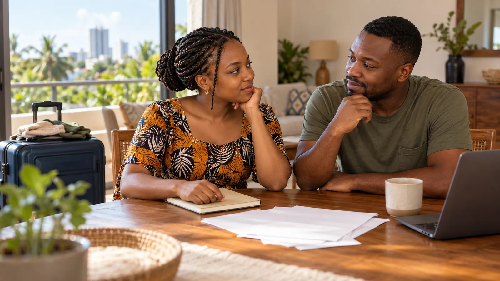 A Tanzanian couple sits at a sunlit dining table with papers, a laptop and a suitcase nearby.