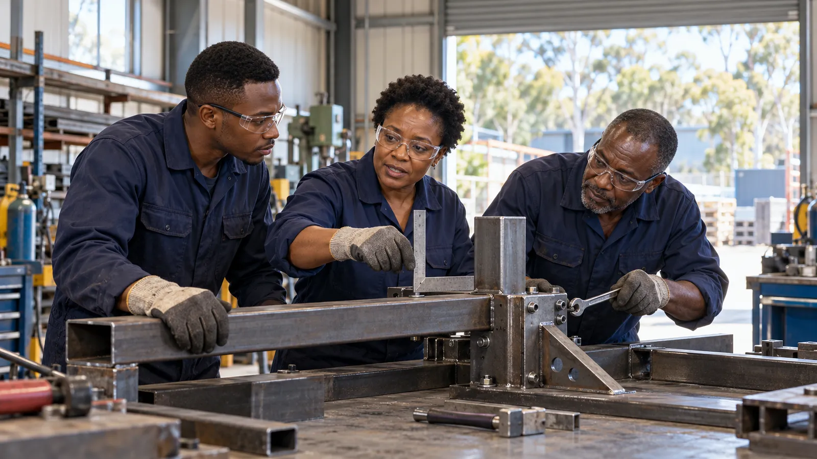 Three workers wearing safety glasses and gloves inspect a steel assembly in a sunlit workshop.