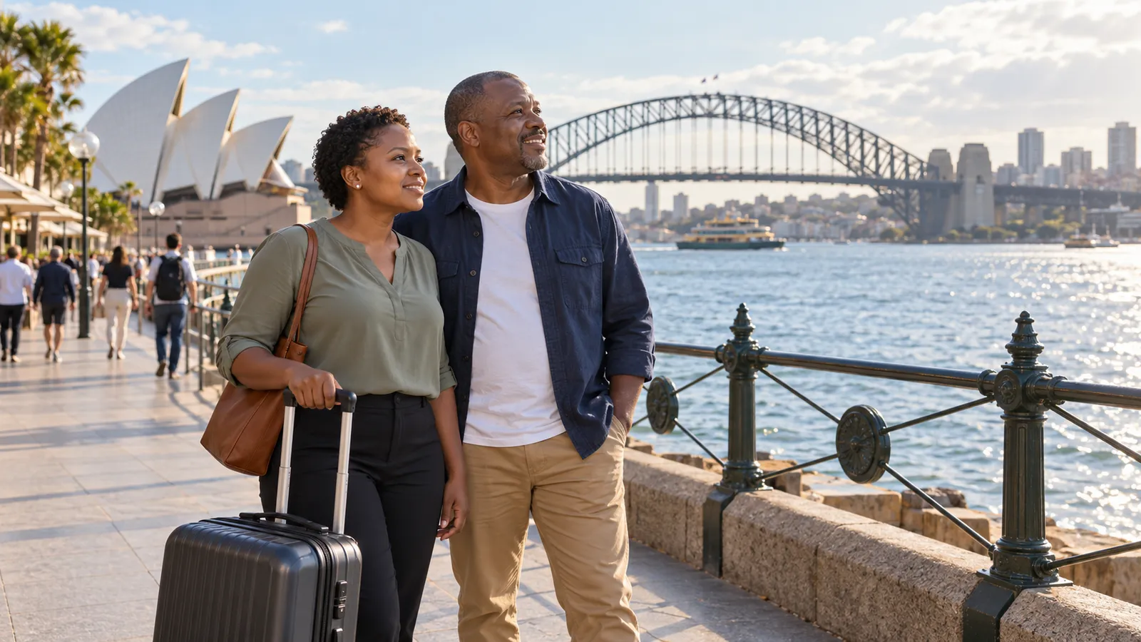 A Tanzanian couple with a suitcase stands beside Sydney Harbour, with the Opera House and Harbour Bridge behind them.
