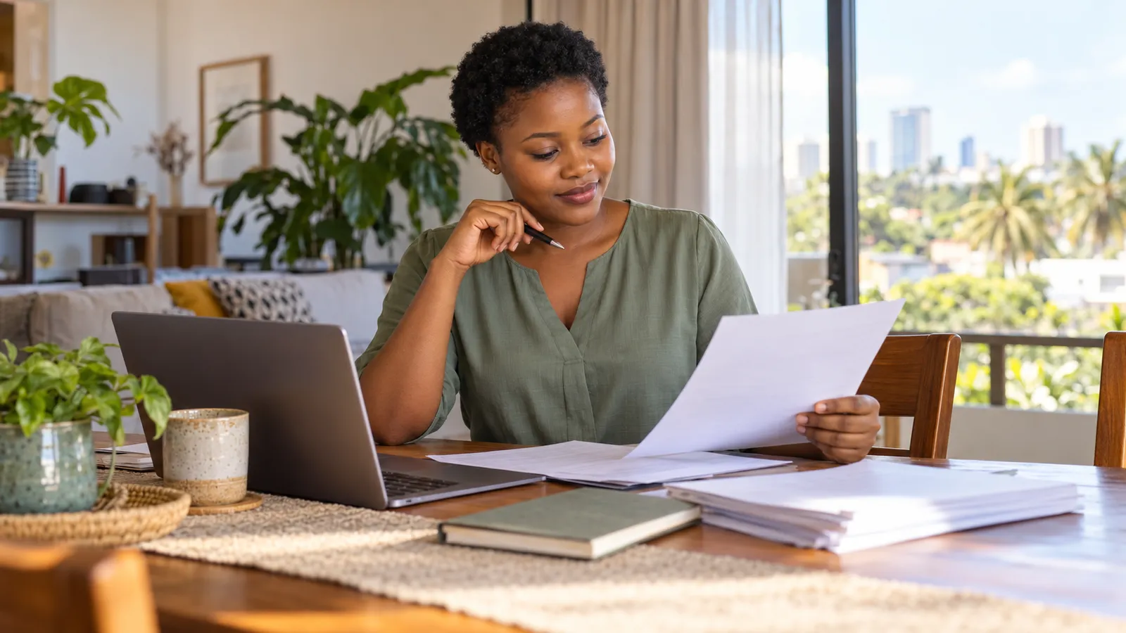 A Tanzanian woman reviews papers beside a laptop at a sunlit table in her contemporary home.