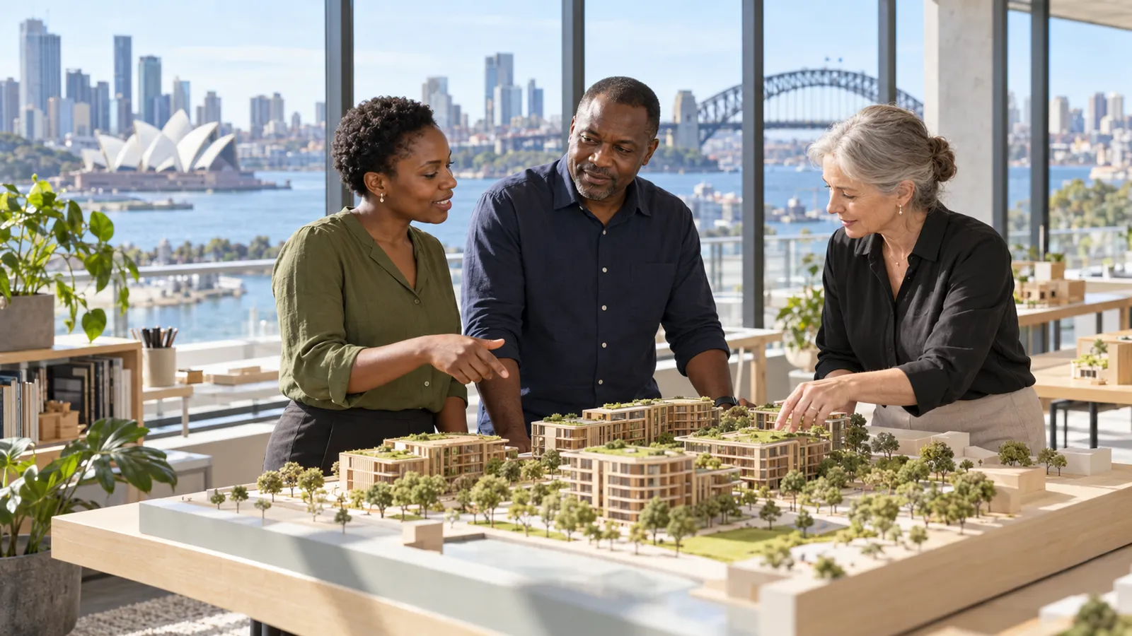 Three colleagues discuss a housing model in a sunlit design studio overlooking Sydney Harbour.