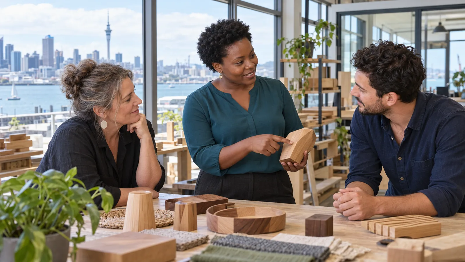 A Tanzanian entrepreneur discusses wooden product samples with two colleagues in a sunlit Auckland workspace.
