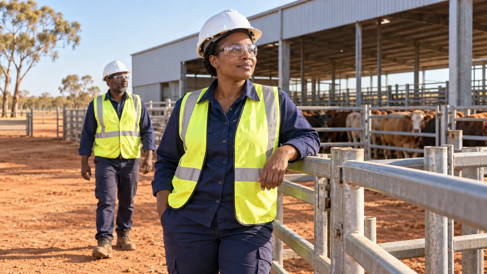 Two workers in safety gear stand beside cattle pens at a sunlit regional Australian facility.
