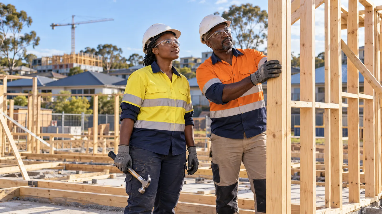 Two tradespeople in safety gear inspect timber framing at a sunlit Australian construction site.