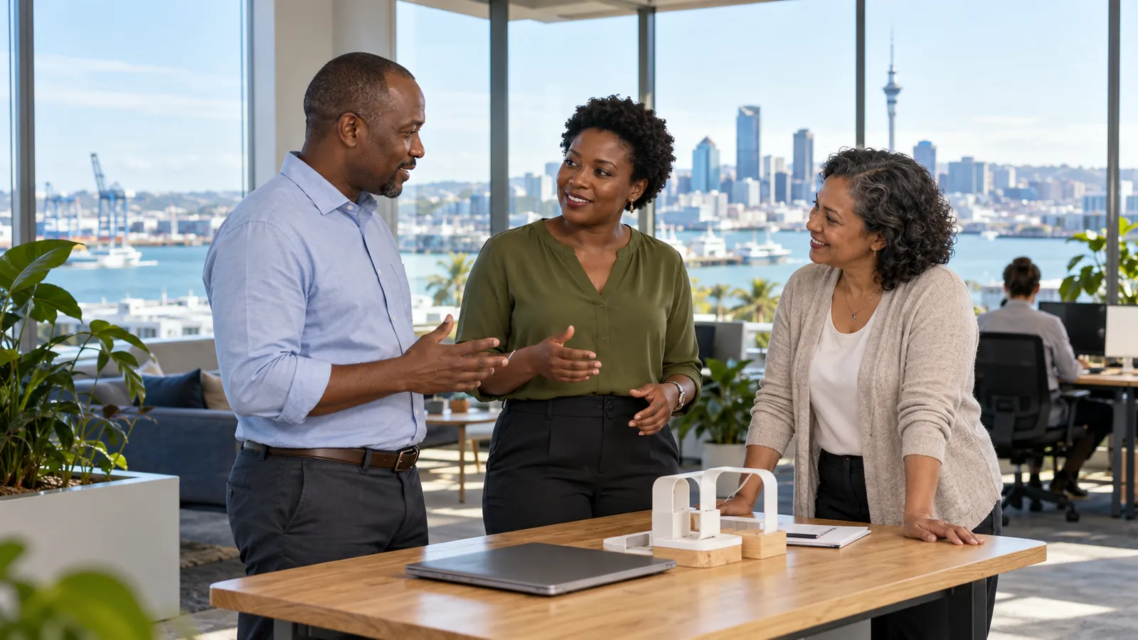 Three professionals discuss a product prototype in a sunlit office overlooking Auckland’s harbour and skyline.