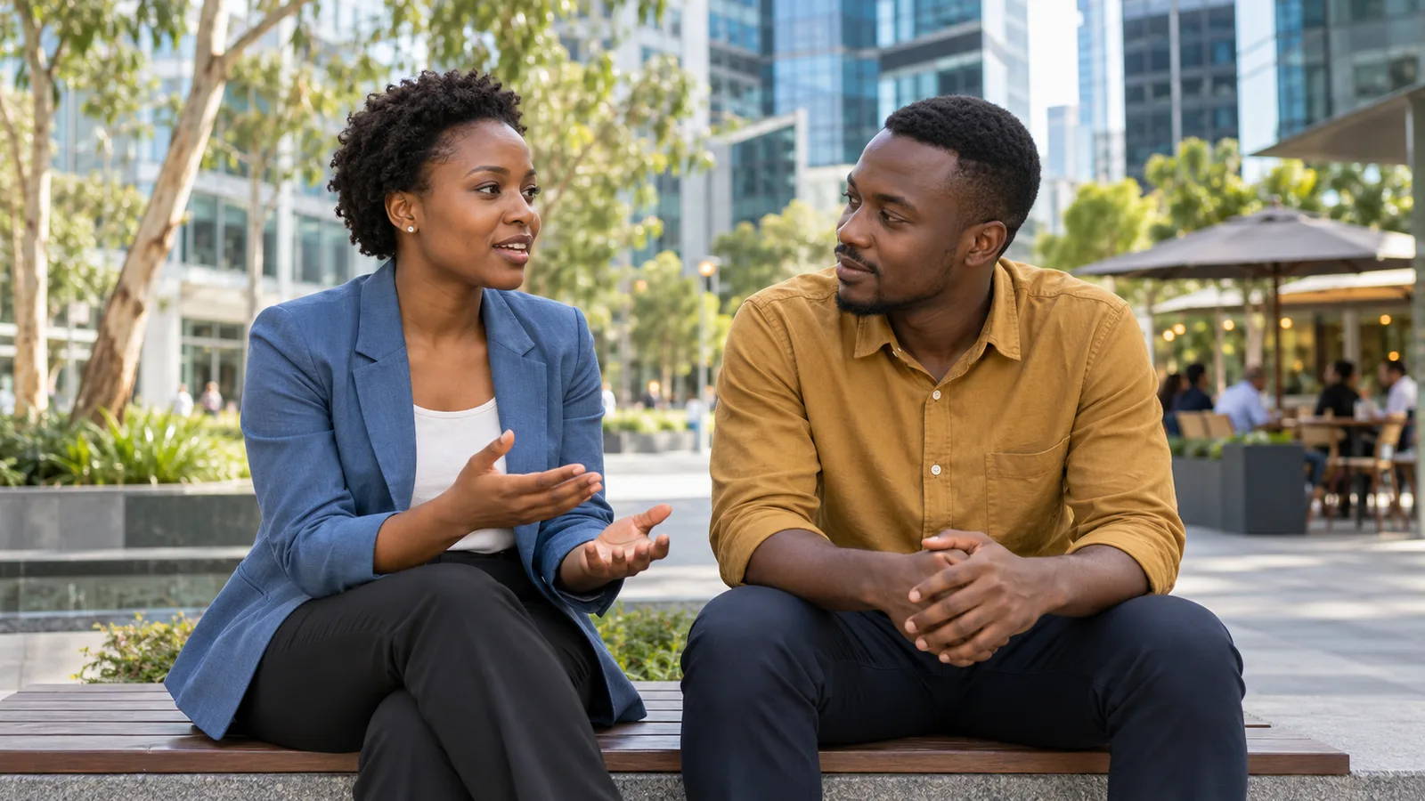 Two Tanzanian graduates discuss career prospects on a bench outside modern office buildings in Australia.