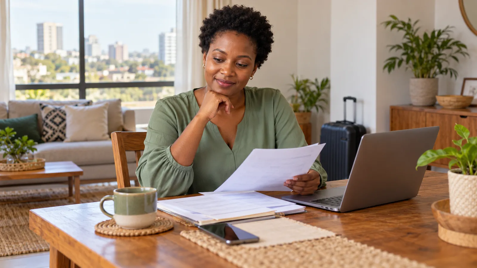 A Tanzanian woman reviews papers beside a laptop in her sunlit home, with a suitcase behind her.