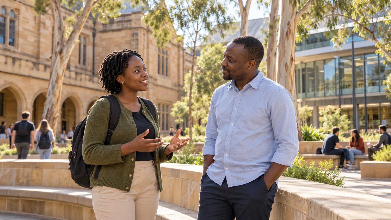 Two students chat in a sunlit Australian university courtyard framed by sandstone buildings and eucalyptus trees.
