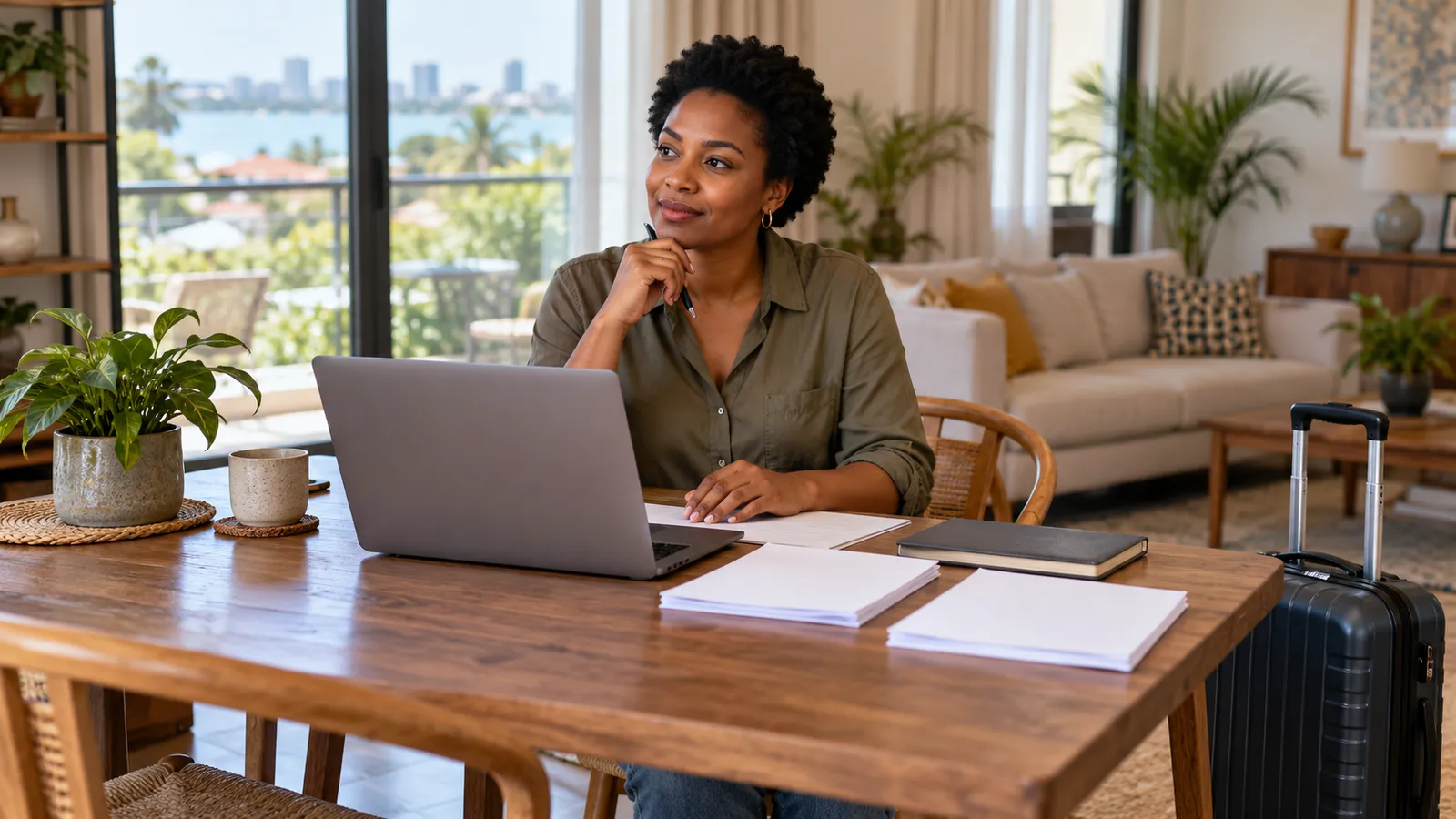 A Tanzanian woman sits thoughtfully at a laptop in a sunlit home, with papers and a suitcase nearby.