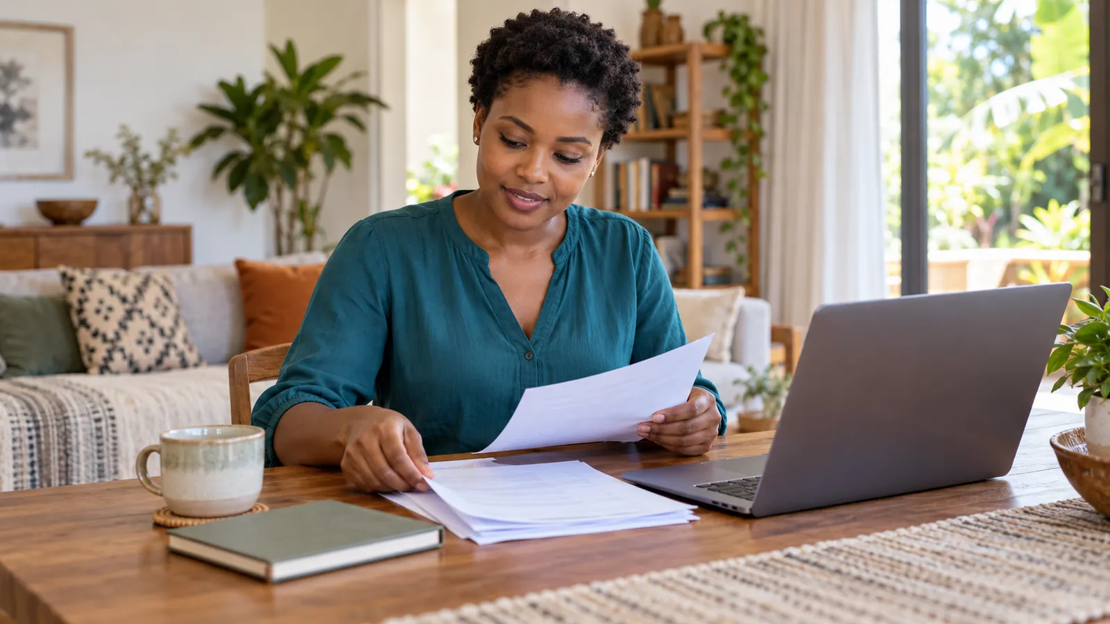 A Tanzanian woman reviews papers beside a laptop at a wooden table in a bright, plant-filled home.