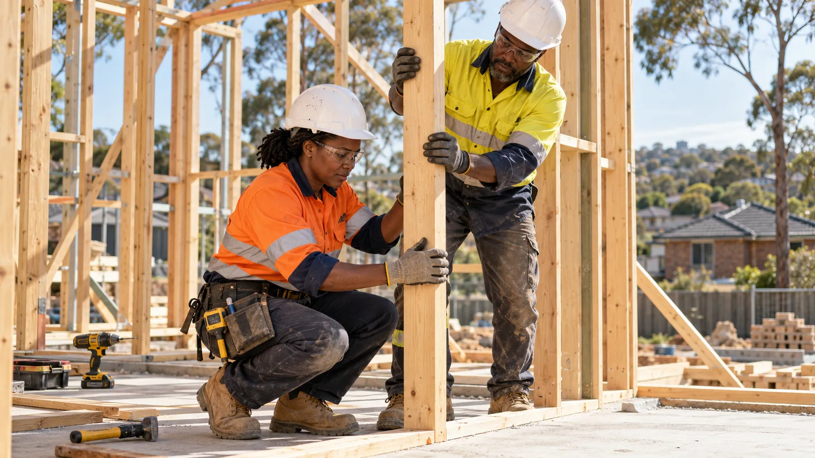 Two construction workers in protective gear position a timber post at a sunlit Australian housing site.