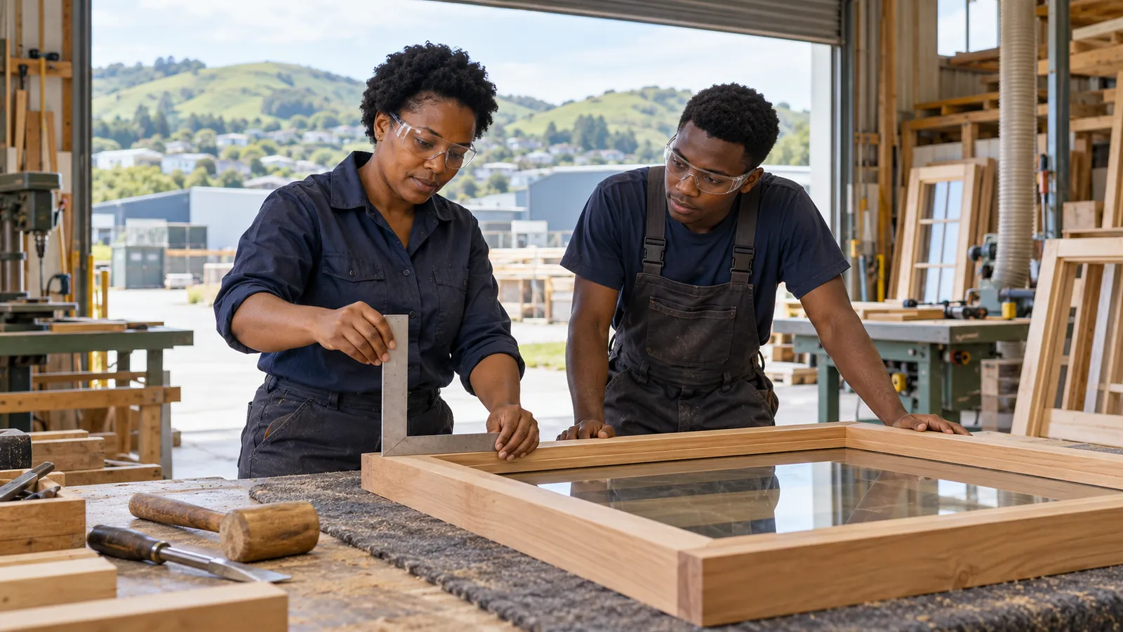 Two Tanzanian joiners check a timber window frame in a sunlit New Zealand workshop overlooking green hills.