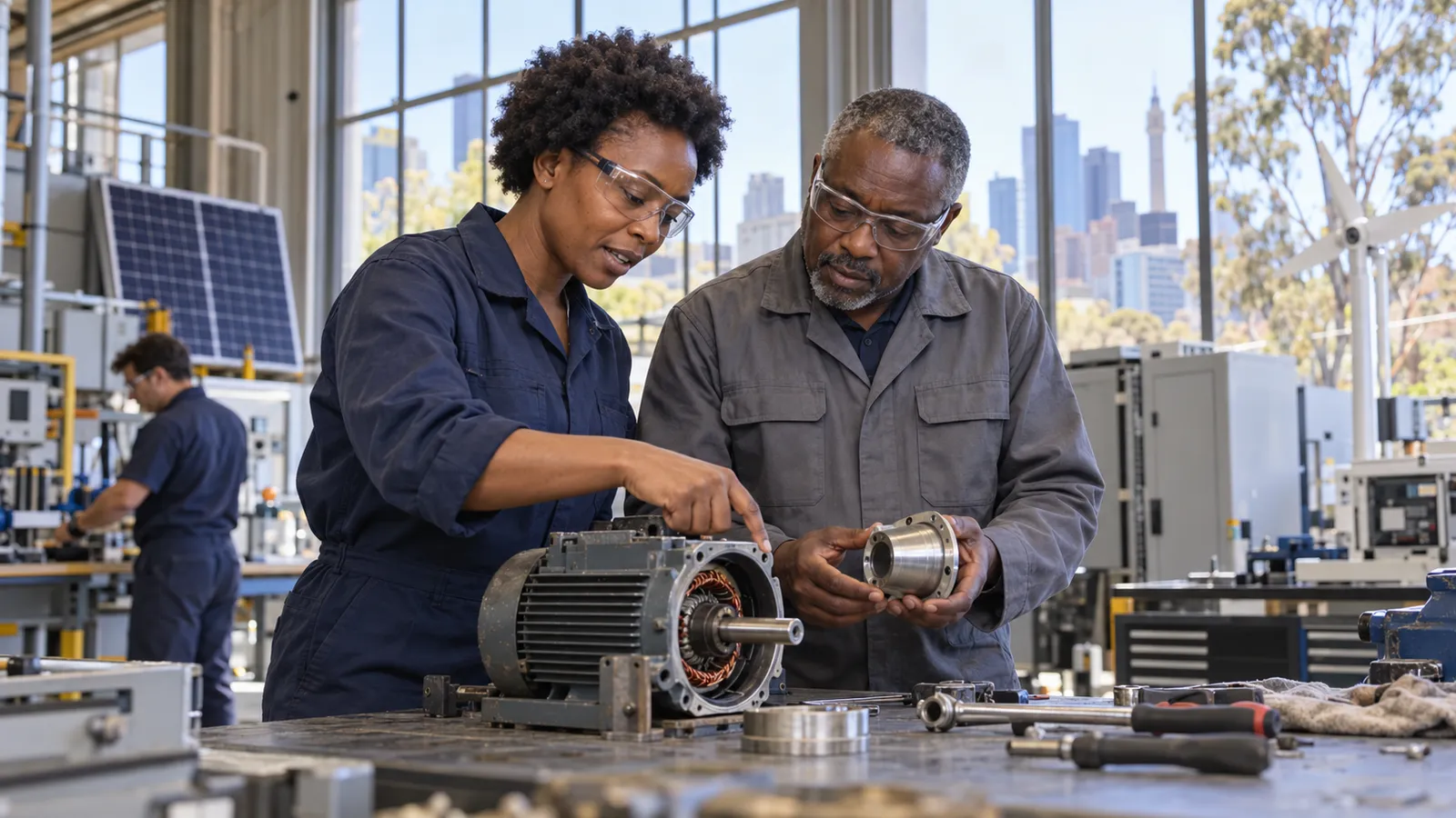Two Tanzanian specialists inspect an electric motor together in a sunlit Australian engineering workshop.