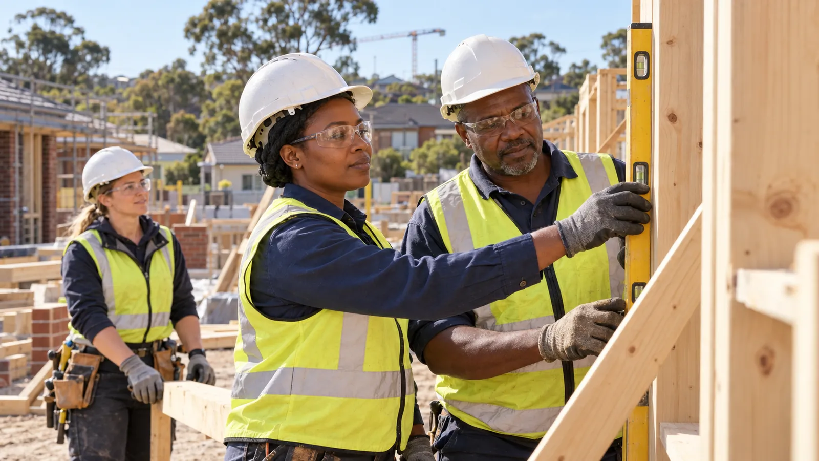 Workers in hard hats and high-visibility vests check a timber wall frame at a sunny Australian construction site.