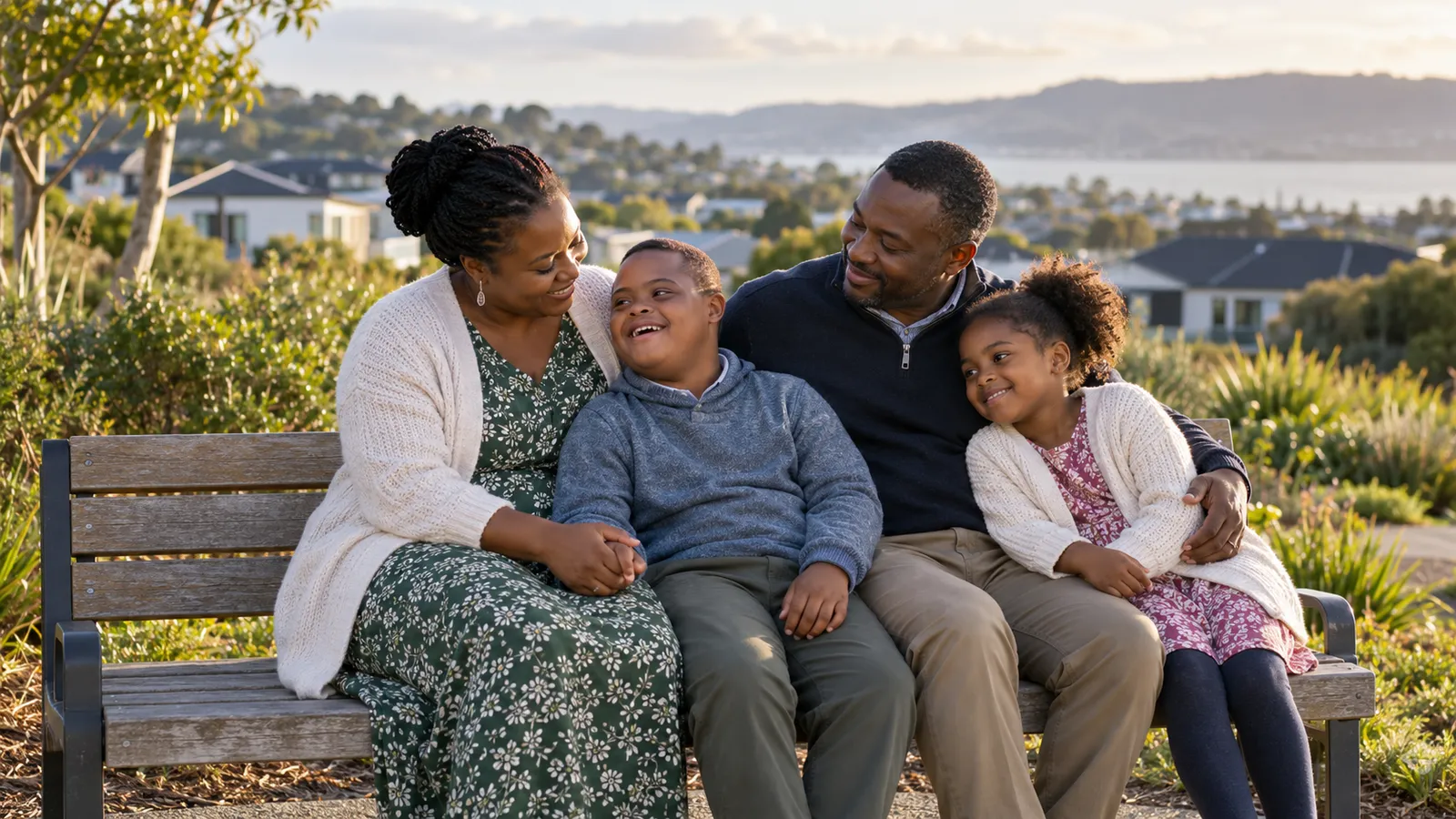 A family shares a warm moment on a park bench overlooking a coastal New Zealand neighborhood.