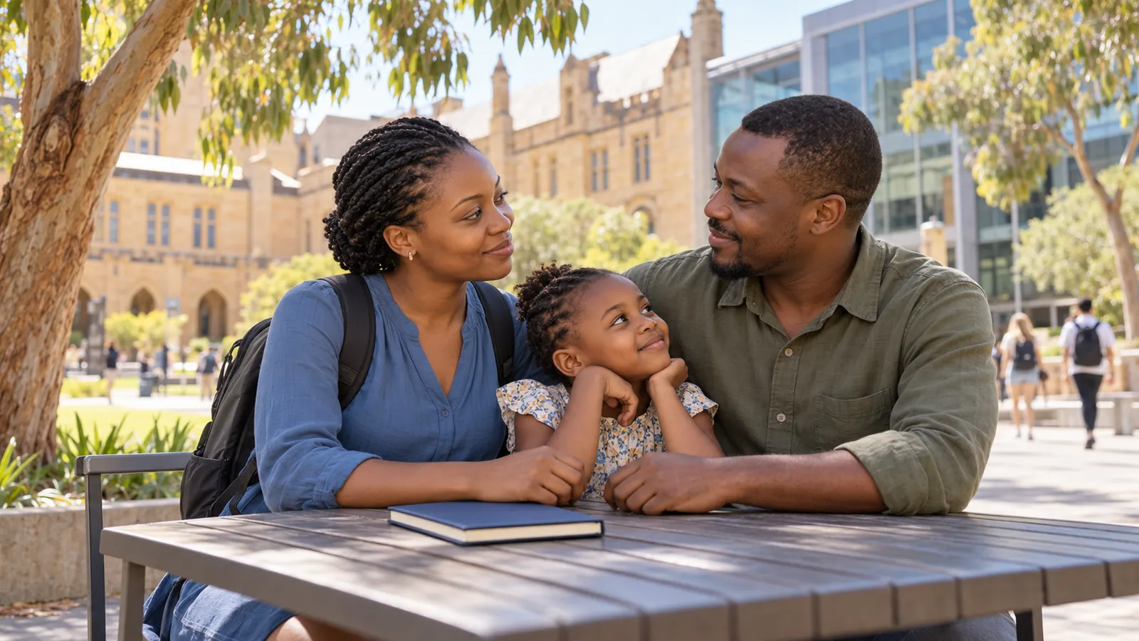A Tanzanian family sits together at a shaded outdoor table on a sunlit Australian university campus.