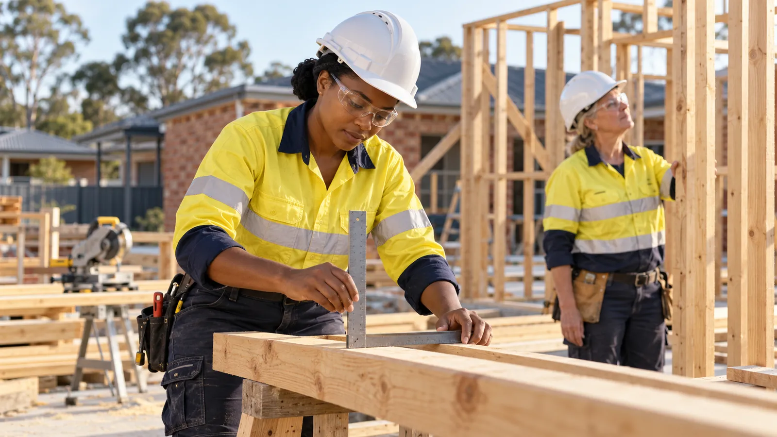A Tanzanian carpenter checks timber with a square while a colleague inspects framing at an Australian building site.