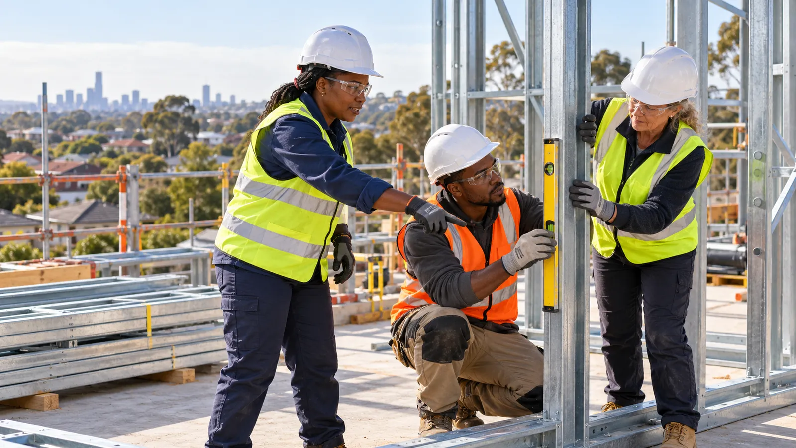 Three construction workers in protective gear collaborate to align steel framing at a sunlit Australian building site.
