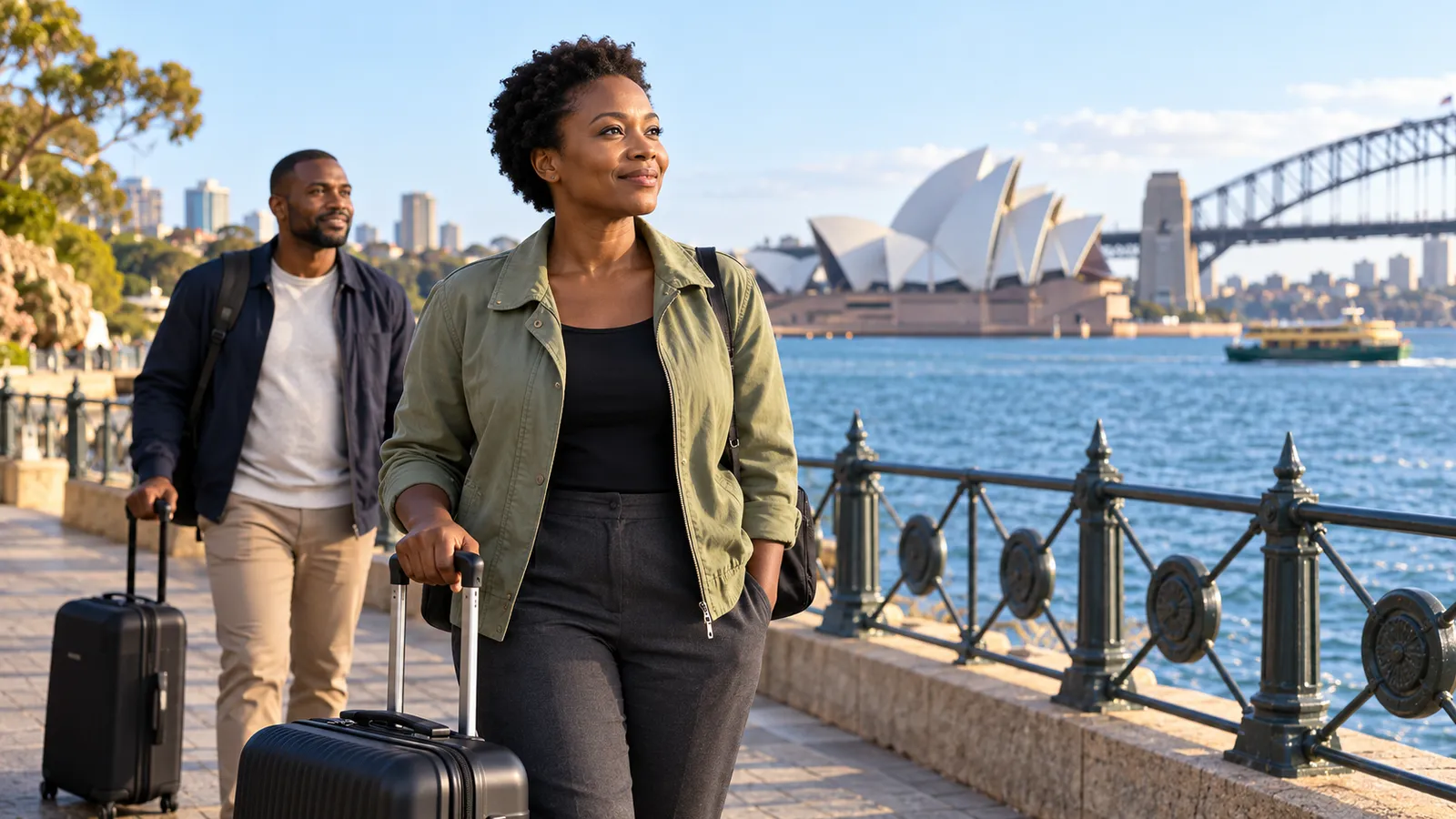 Two Tanzanian travelers stand with suitcases beside Sydney Harbour, with the Opera House and bridge behind them.