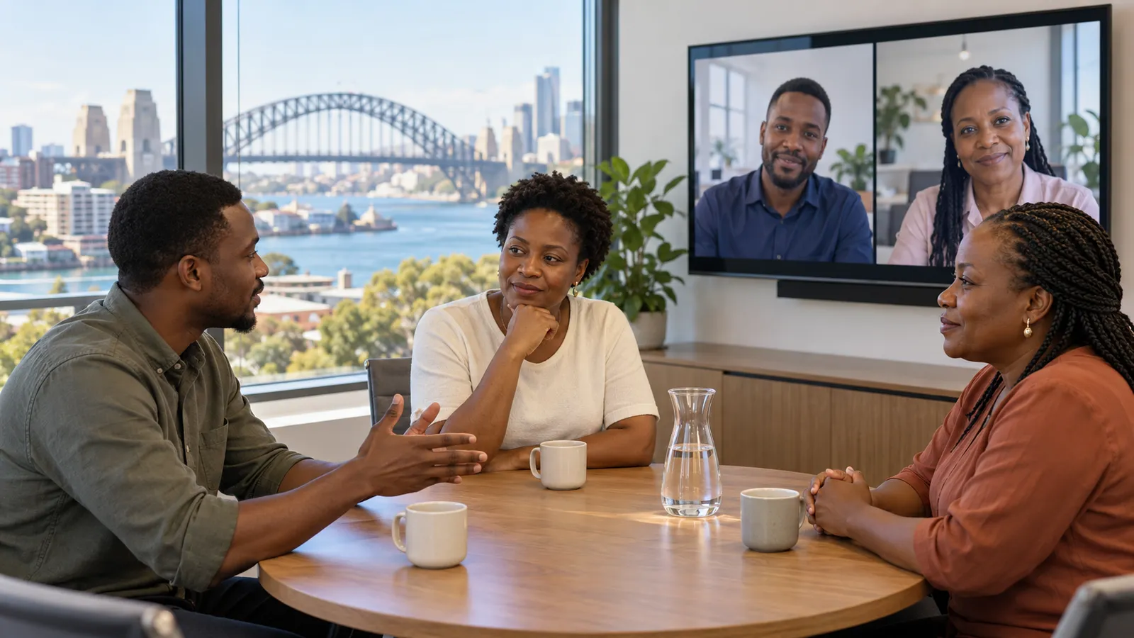 Three colleagues meet in a sunlit Sydney office while two remote teammates join by video.