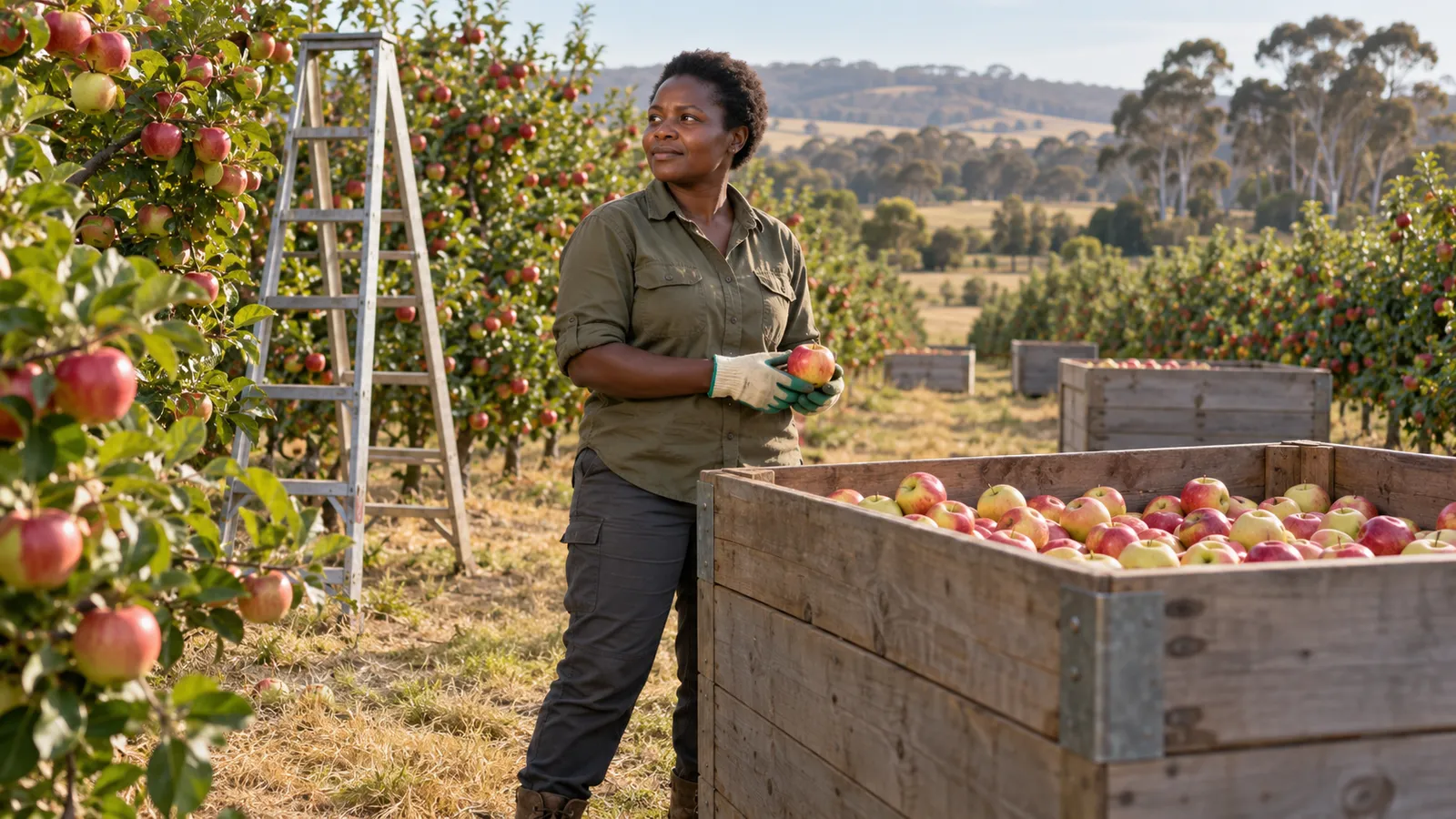 A woman holds an apple beside a wooden harvest bin in a sunlit Australian orchard.