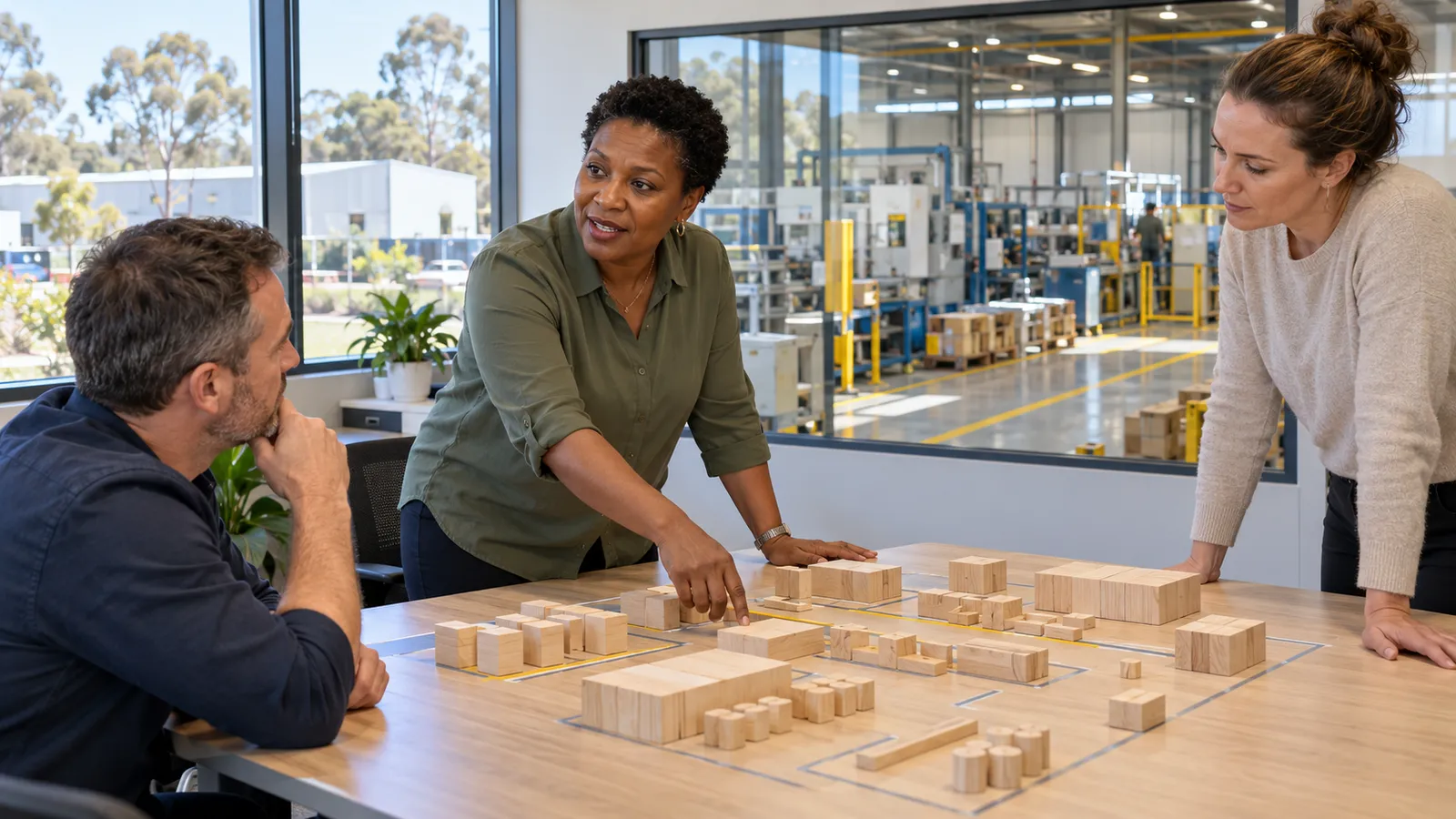 A Tanzanian manager guides two colleagues through a wooden production layout overlooking an Australian factory.