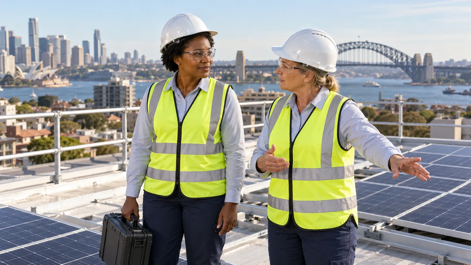 A Tanzanian engineer and her colleague discuss rooftop solar panels overlooking Sydney Harbour.