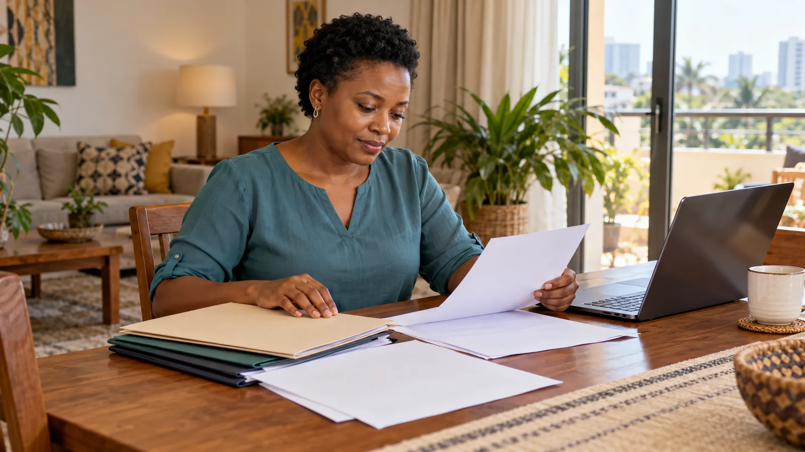 A Tanzanian woman sorts papers and folders beside a laptop at a sunlit dining table at home.
