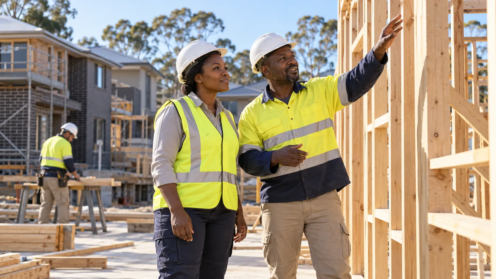 Two Tanzanian construction professionals in hard hats inspect timber framing at an Australian housing site.