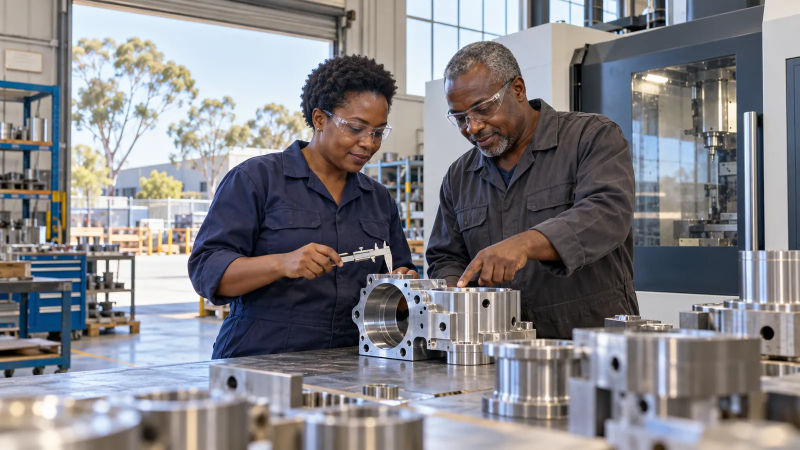 Two workers wearing safety glasses inspect machined metal parts in a sunlit Australian workshop.