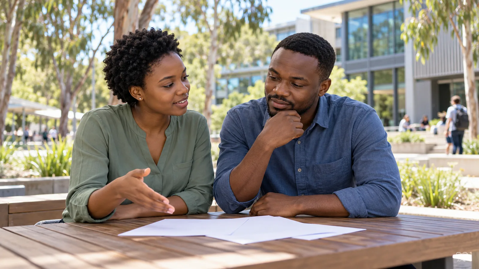 Two Tanzanian students discuss study plans over papers at an outdoor table on an Australian university campus.