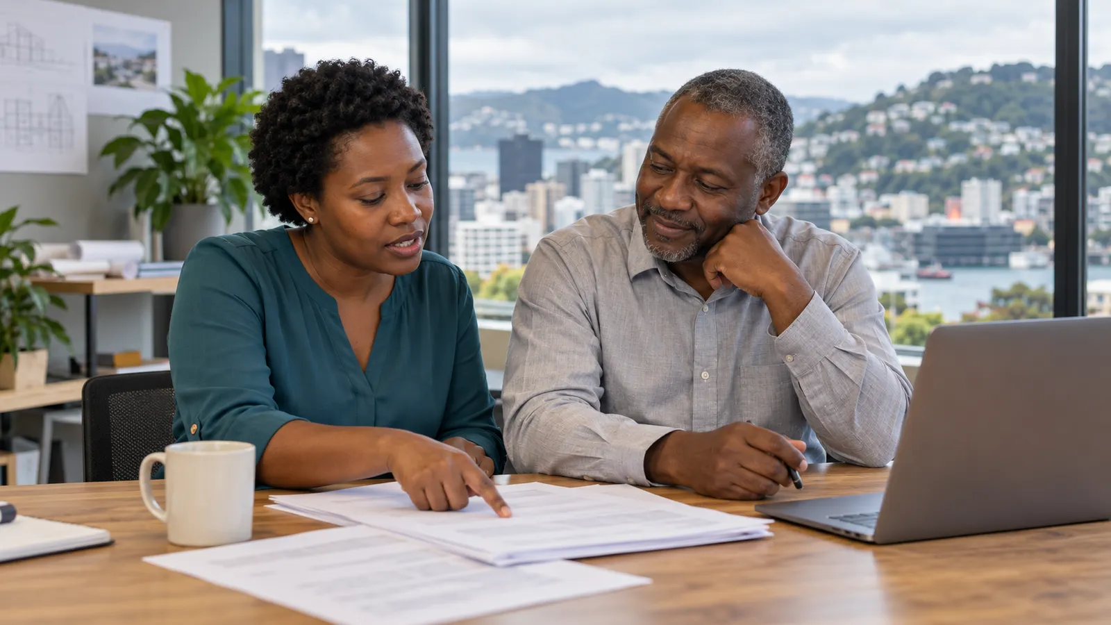 Two Tanzanian colleagues review paperwork beside a laptop in a bright office overlooking Wellington.