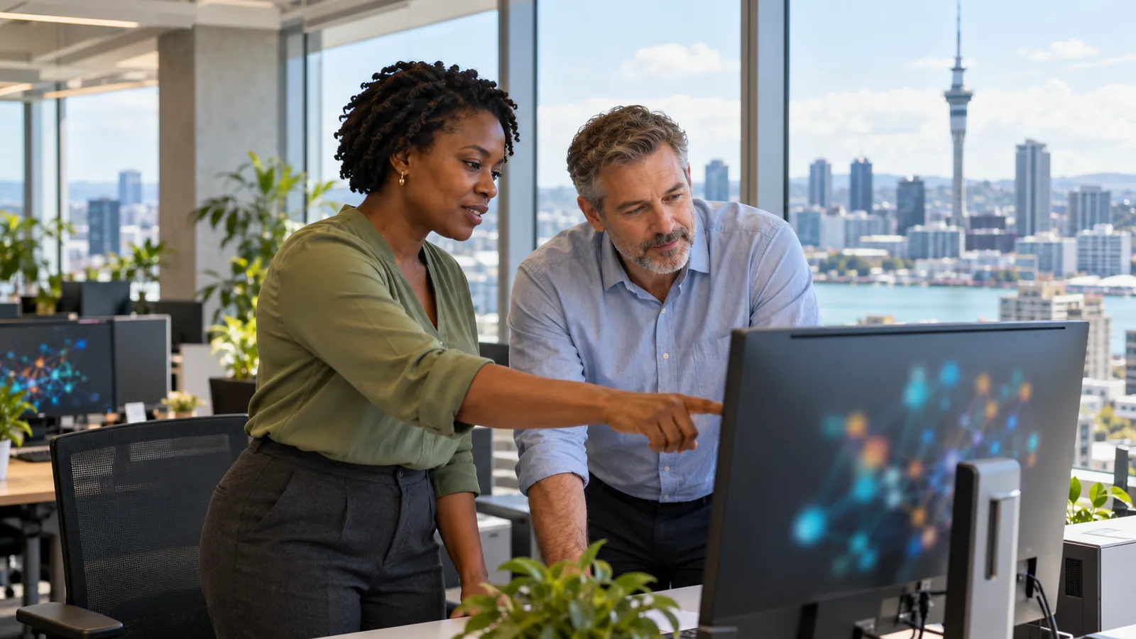 A Tanzanian professional and her colleague review a desktop display in a sunlit office overlooking Auckland.