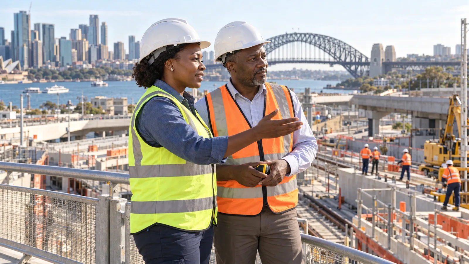Two engineers in safety gear discuss a construction project overlooking Sydney Harbour Bridge.