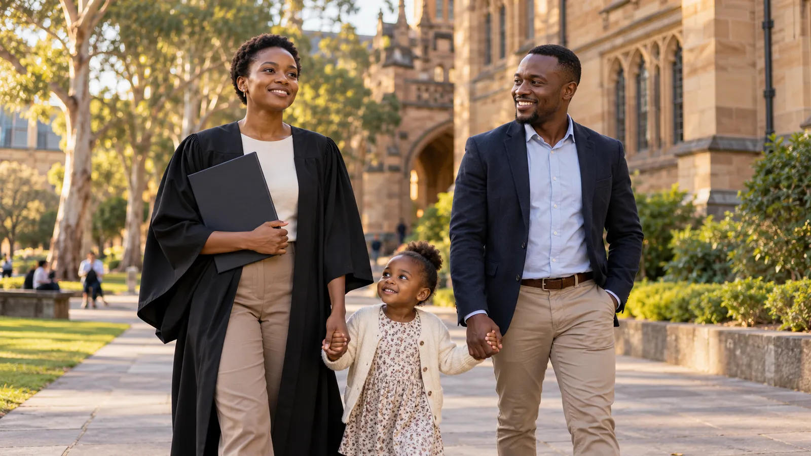 A Tanzanian graduate walks hand in hand with her husband and daughter through a sunlit Australian university campus.