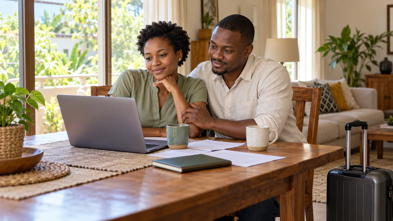 A Tanzanian couple shares a laptop at a sunlit dining table, with papers, mugs and a suitcase nearby.