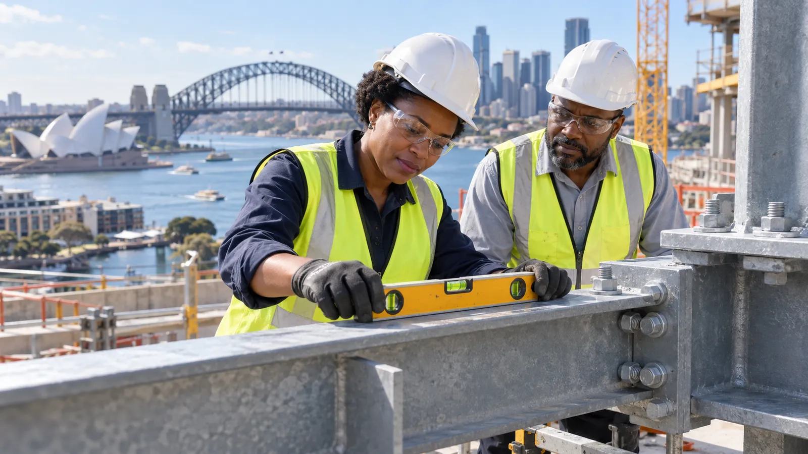 Two Tanzanian engineers check a steel beam with a spirit level at a construction site overlooking Sydney Harbour.