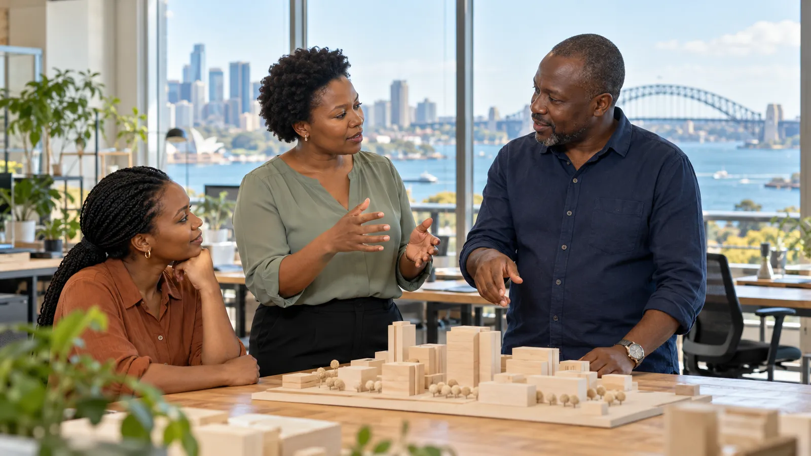 Three colleagues discuss a wooden architectural model in a sunlit office overlooking Sydney Harbour.