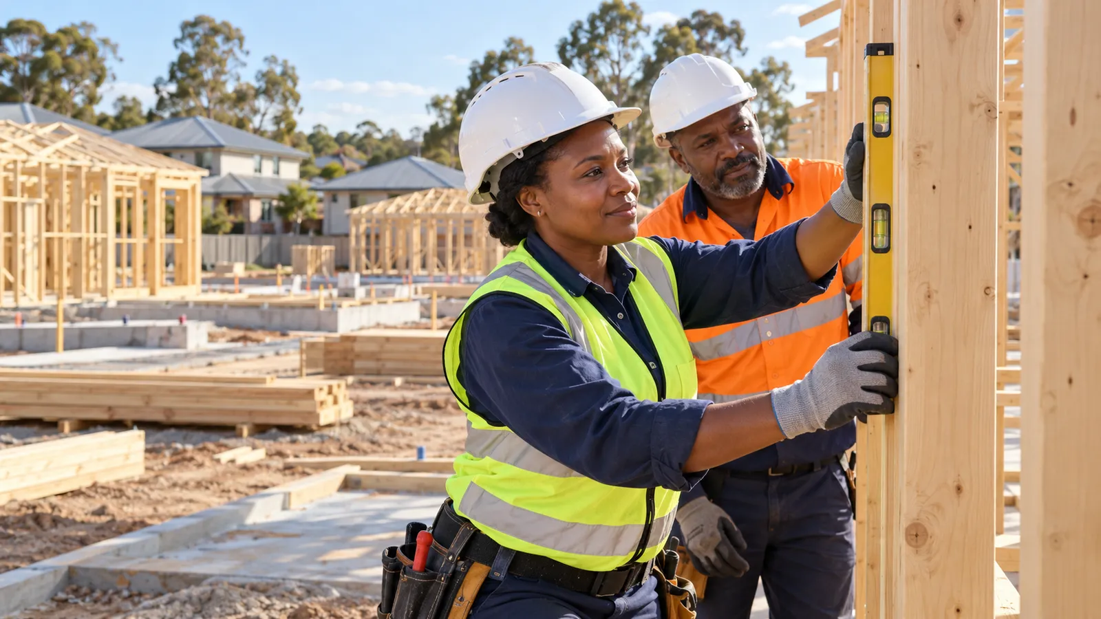 Two builders in safety gear check a timber wall frame with a spirit level at a sunny Australian housing site.