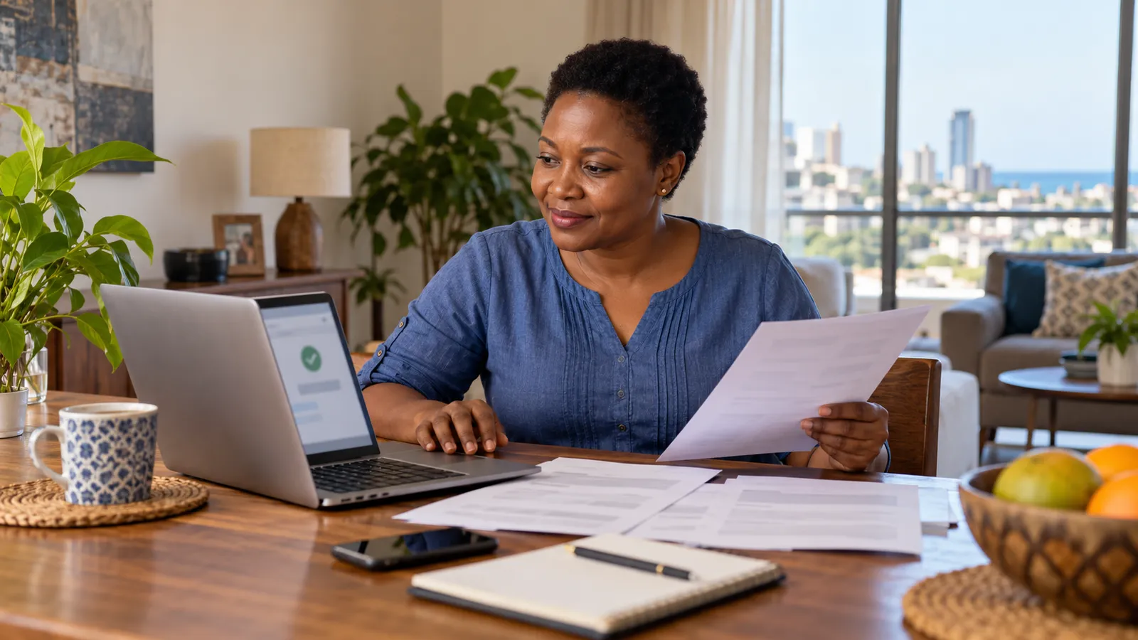 A Tanzanian woman reviews papers beside a laptop showing a green check mark at a sunlit table at home.