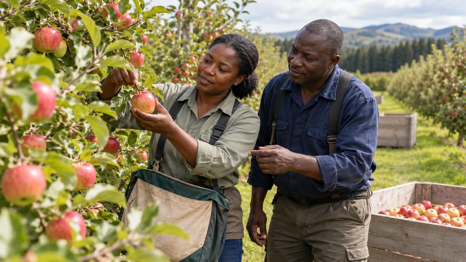 A woman demonstrates careful apple picking to a fellow worker in a sunlit New Zealand orchard.