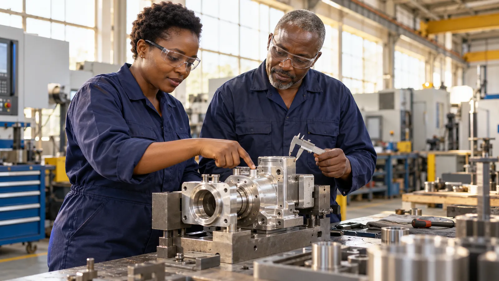 Two workers wearing safety glasses inspect a metal assembly in a sunlit manufacturing workshop.