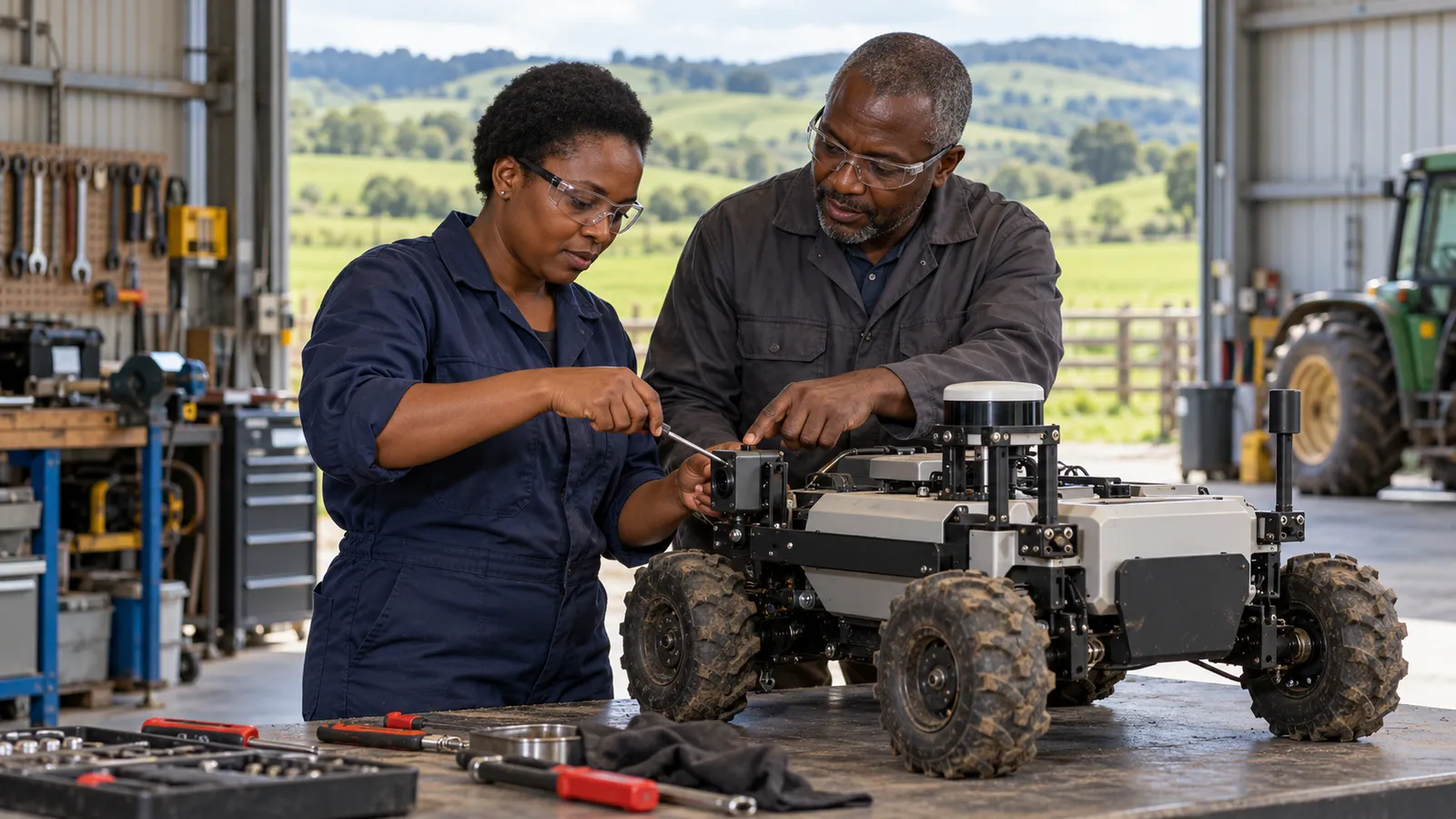 Two technicians adjust an agricultural rover in a sunlit workshop overlooking green New Zealand farmland.